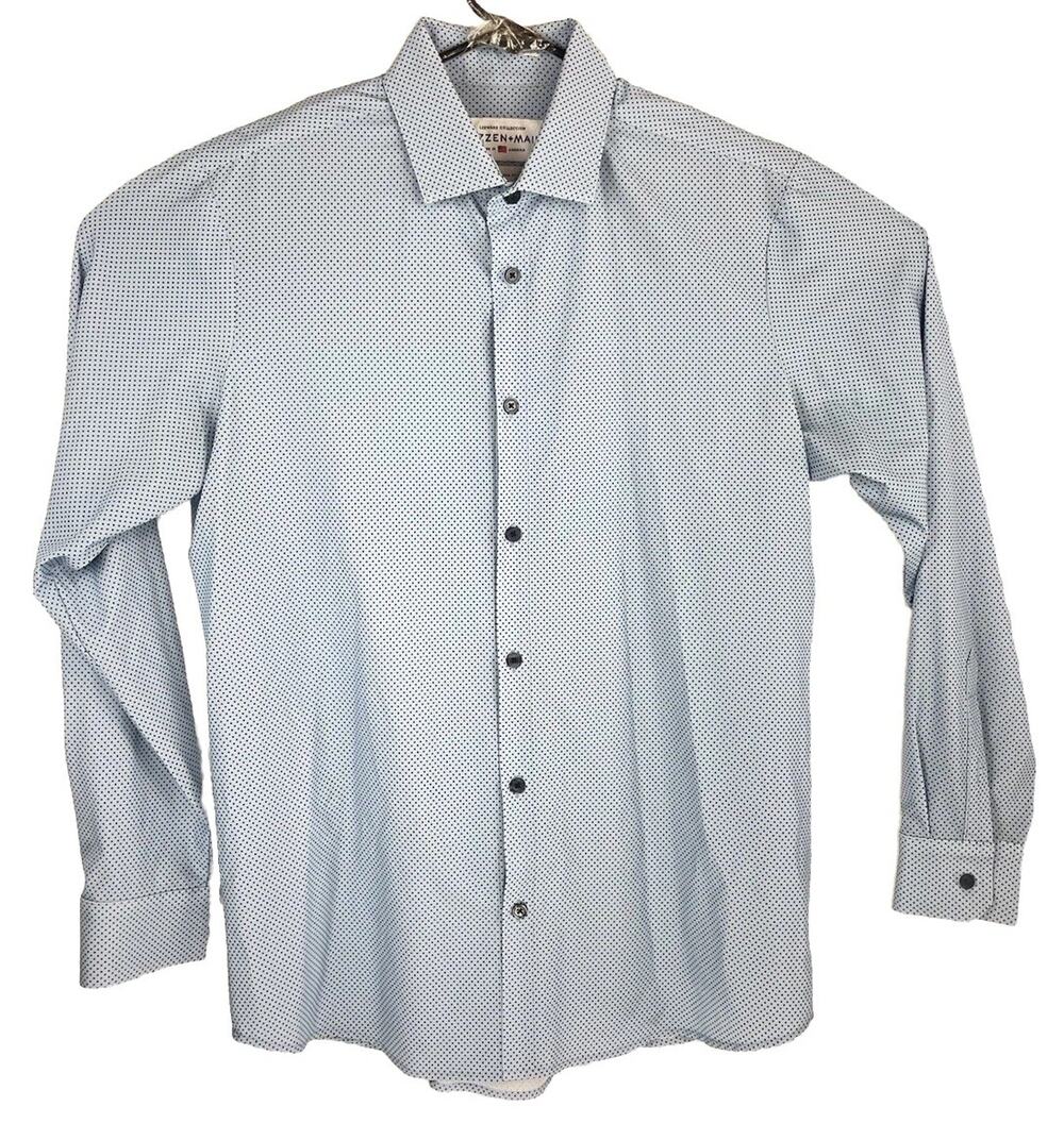 Mizzen Main Leeward Dress Shirt Mens Large L Classic Fit Blue Polka Dot Stretch